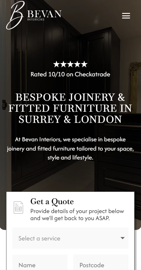 Bevan Interiors mobile website screenshot